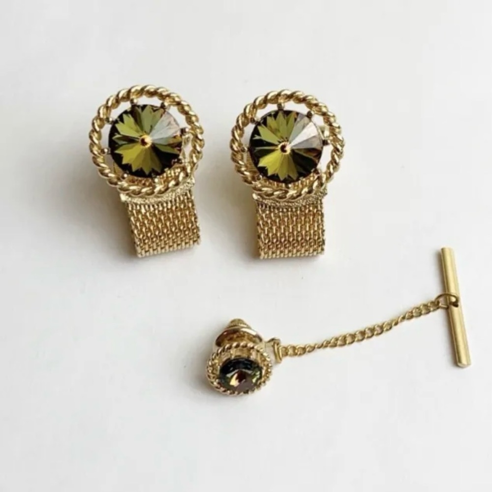 Vintage Watermelon Rivoli Cufflinks Tie Tack Gold Tone Mesh Wrap Around Cuff